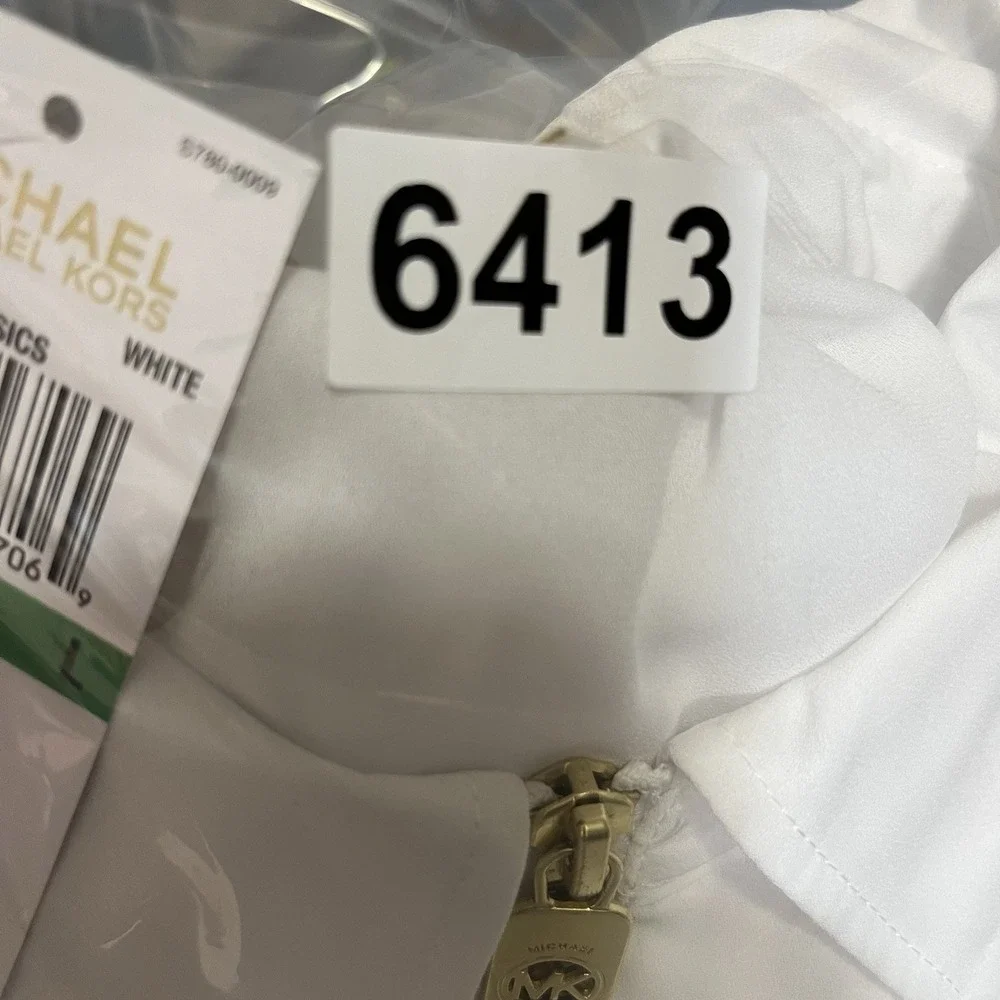 Michael‎ Kors Top White Large Roll Tab Sleeve Blouse W/Gold Zippers NEW